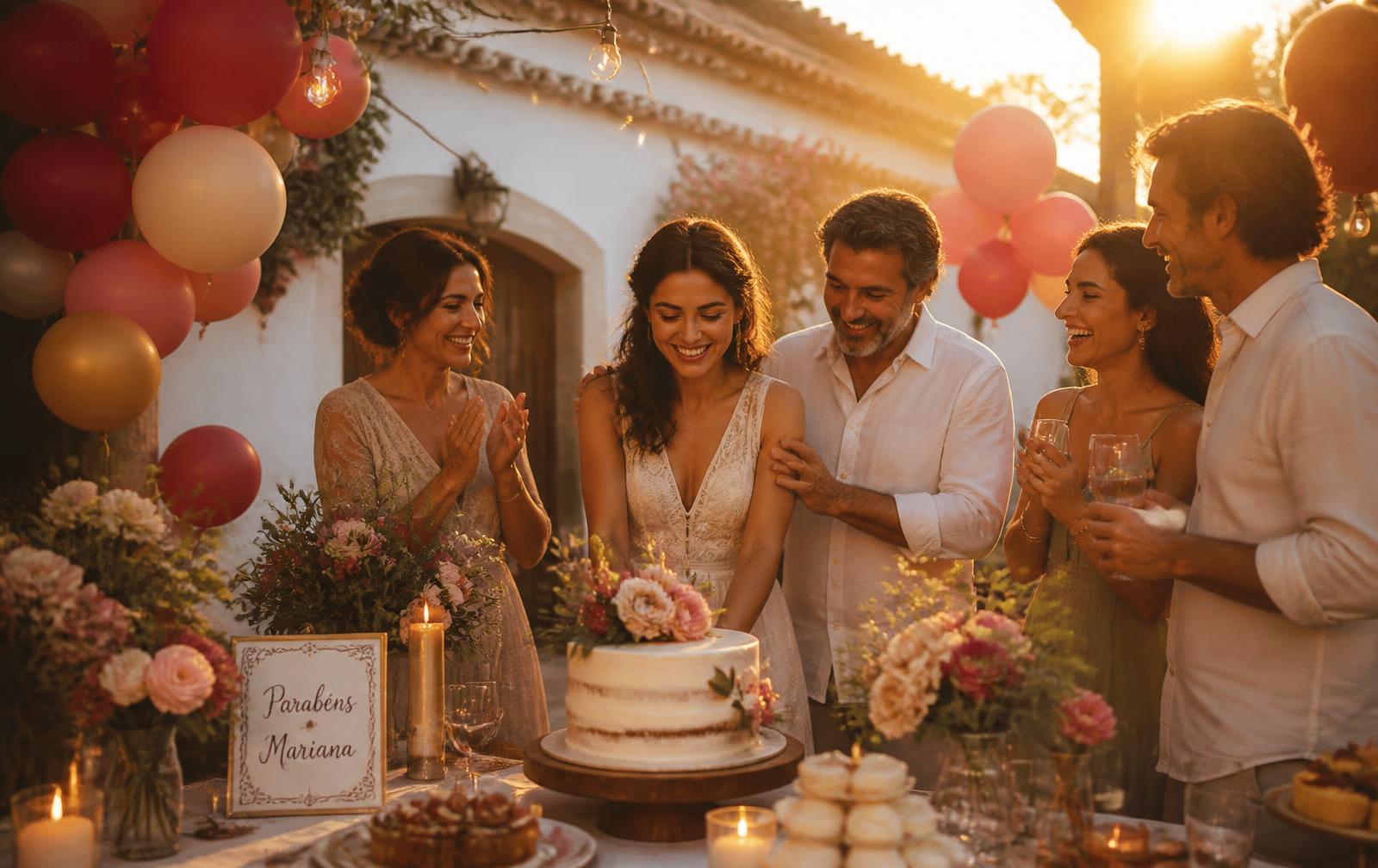 Festa ao ar livre numa quinta portuguesa com balões, luzes e bolo